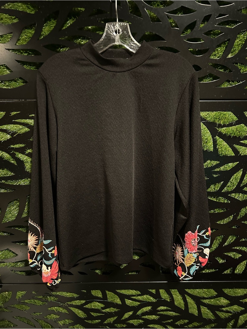 Zara Black Mock Neck Top with Floral Embroidered Balloon Sleeves, Women's S